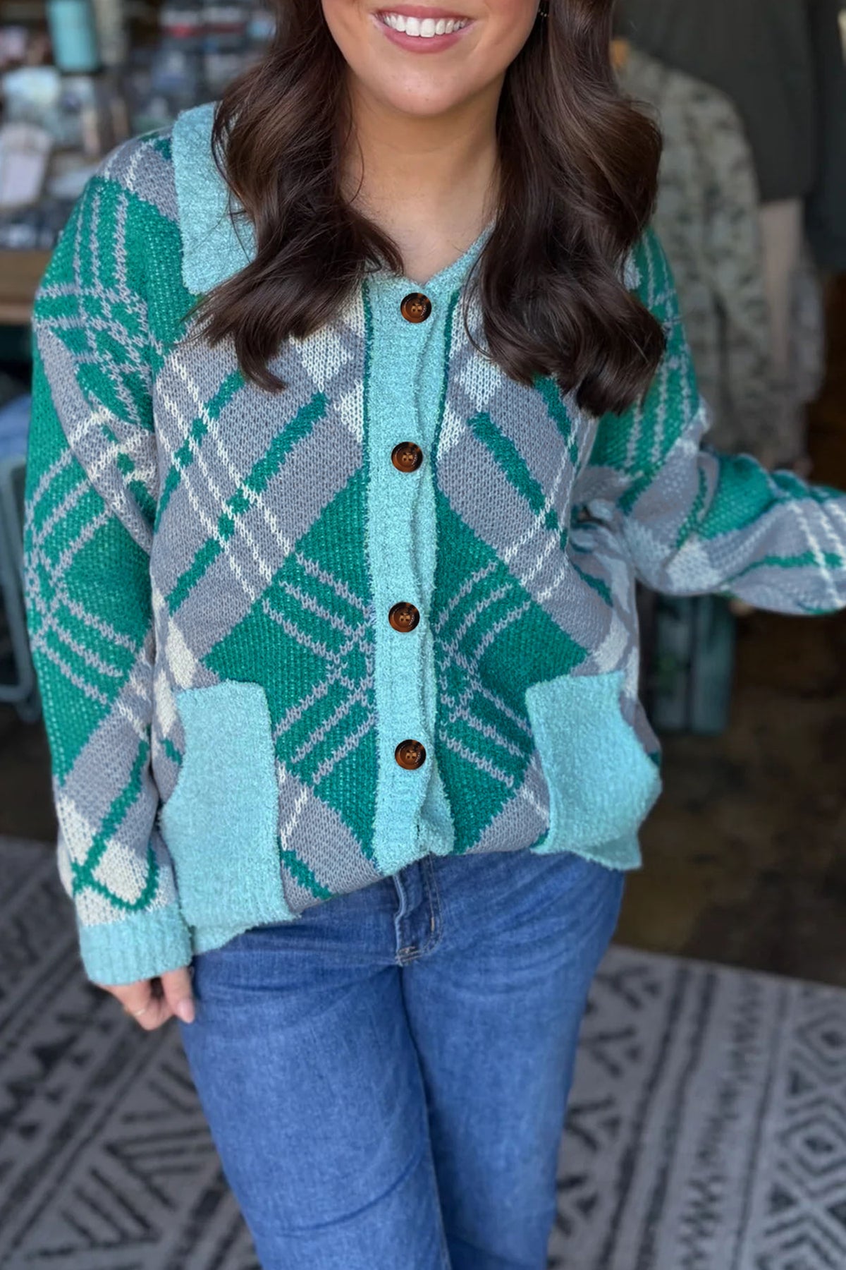 Green Plaid V Neck Long Sleeve Shift Cardigan Sweater