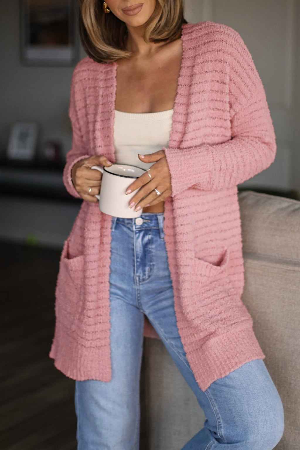 Light Pink Open Front Soft Fuzzy Ribbed Sweater Cardigan