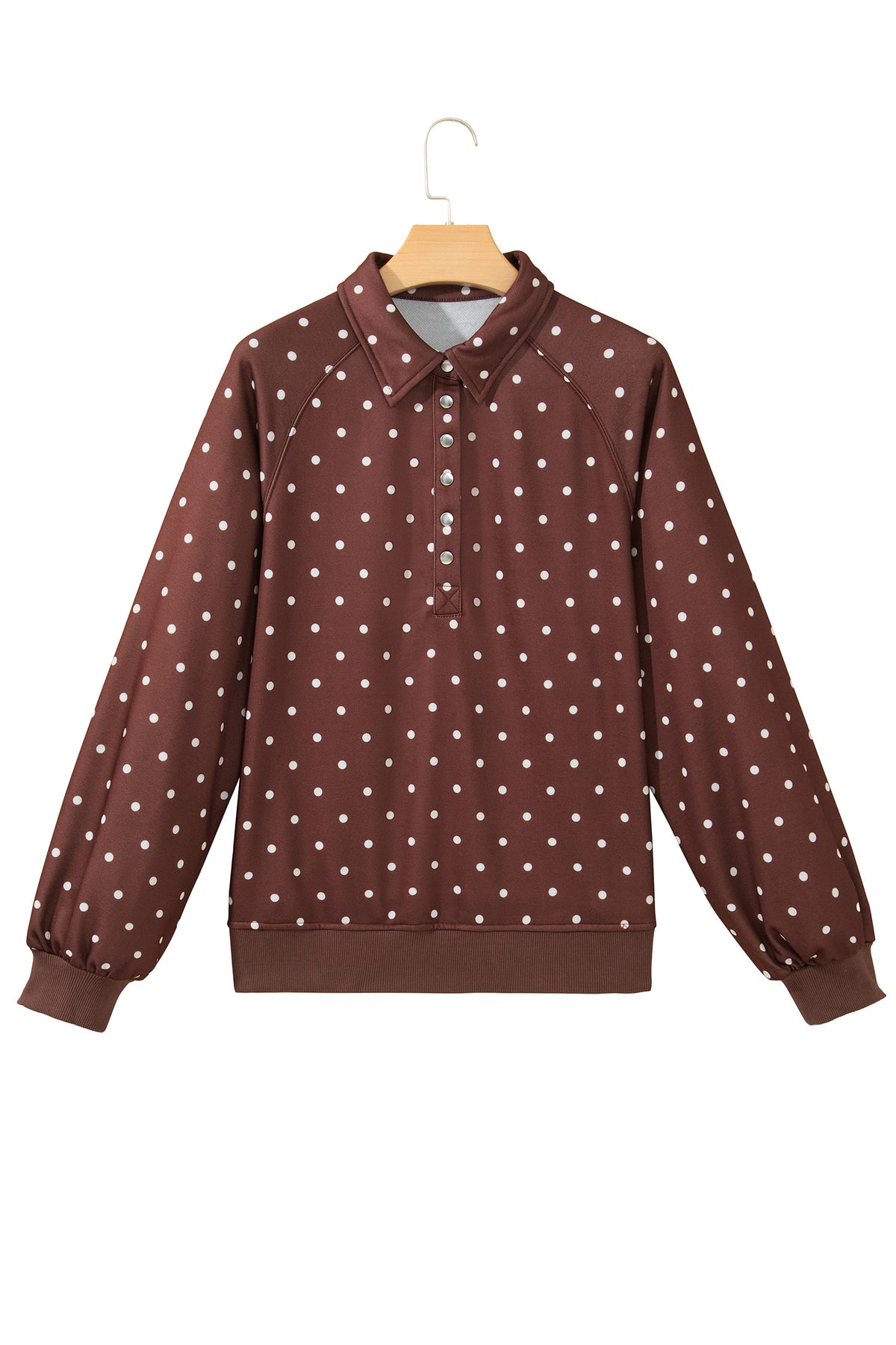 Brown Polka Dot Print Metal Button Collar Casual Pullover Sweatshirt