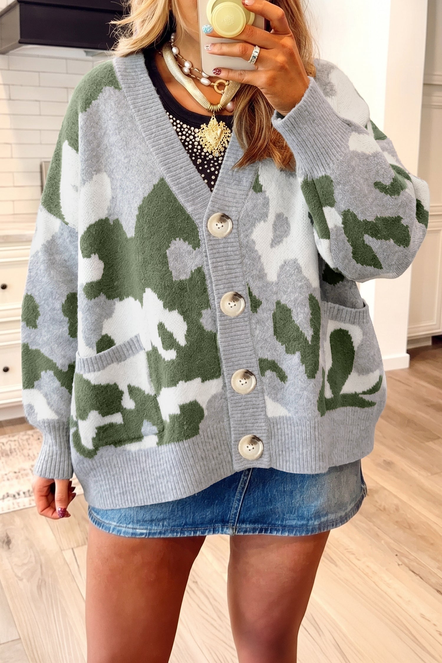 Green Camouflage Drop Shoulder V Neck Button Front Cardigan