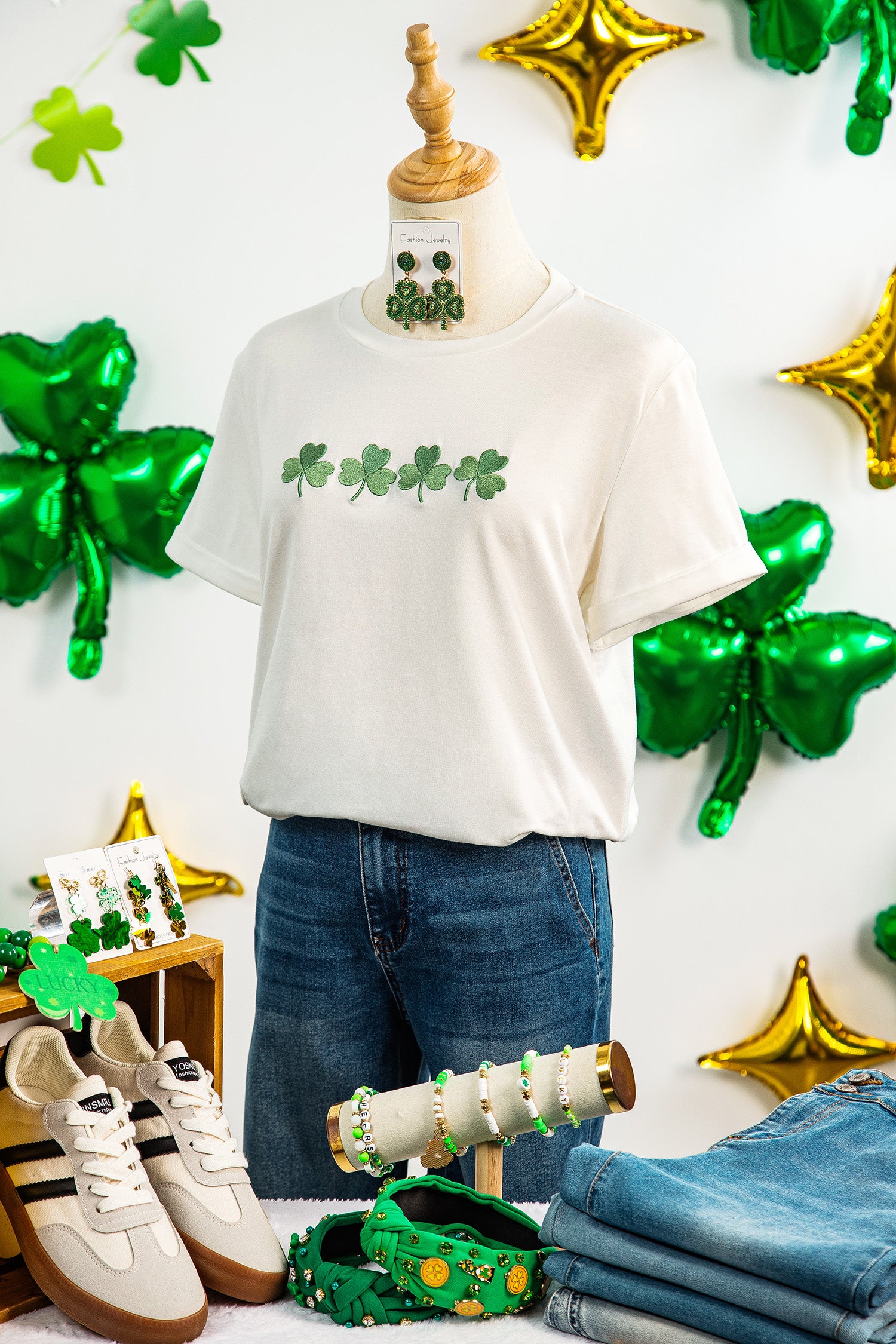 White Embroidered Clover St Patricks Fashion Graphic Tee