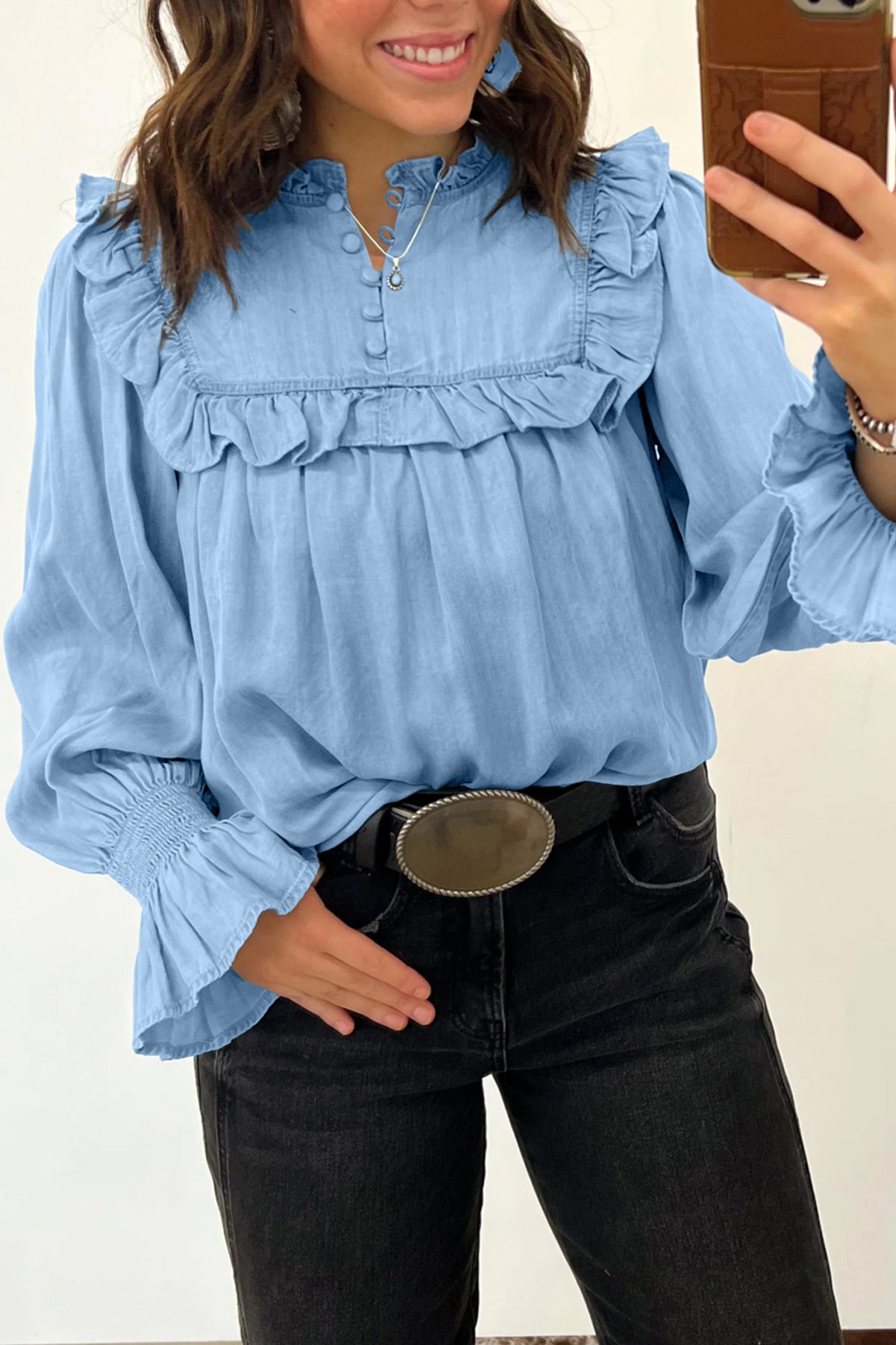 Beau Blue Western Ruffle V Neck Long Sleeve Chambray Blouse
