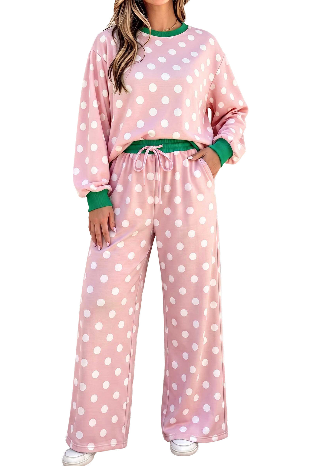 Pink Polka Dot Contrast Trim Long Sleeve Top Drawstring Shift Pants Set
