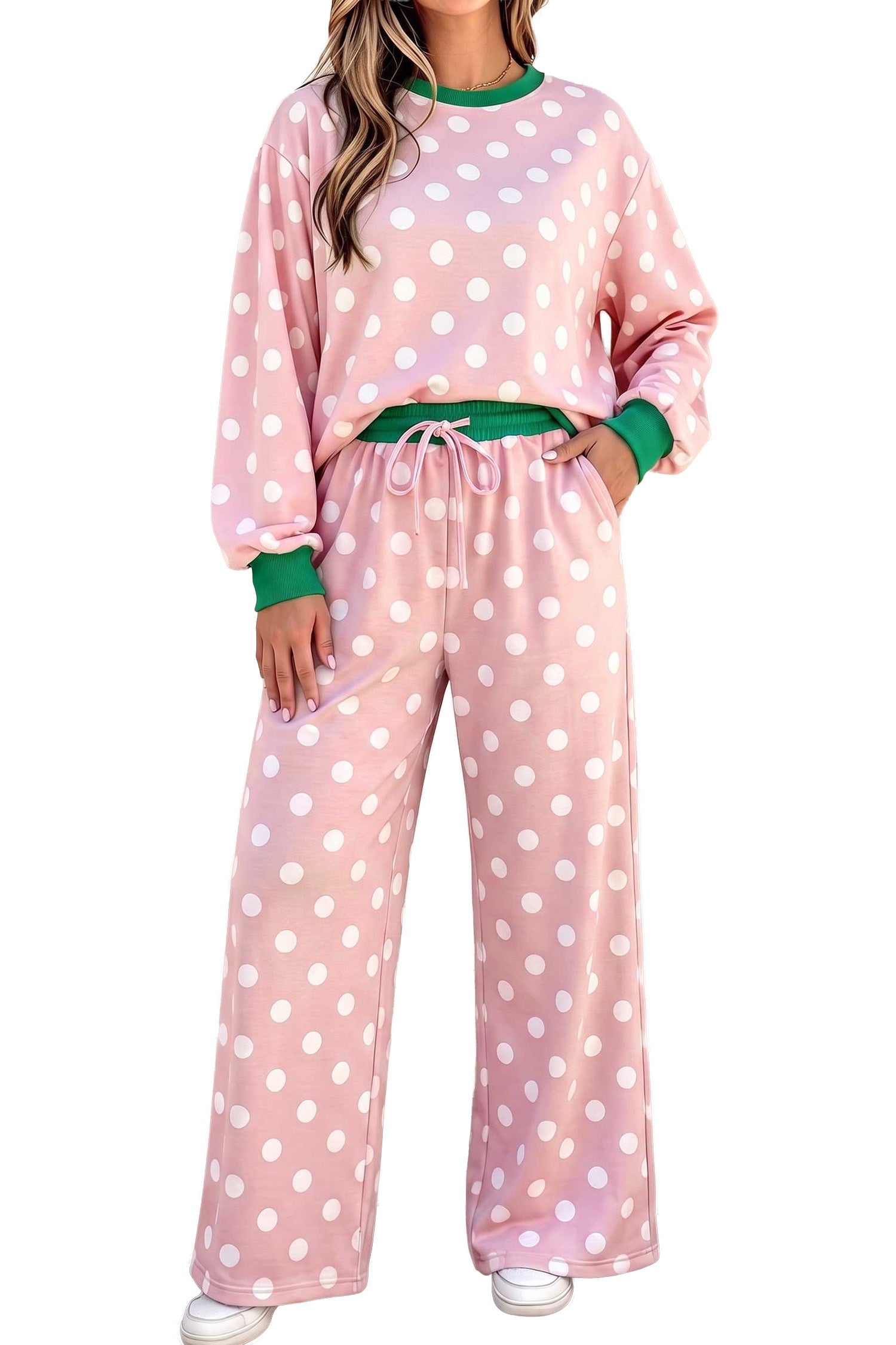 Pink Polka Dot Contrast Trim Long Sleeve Top Drawstring Shift Pants Set