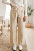 Apricot Stripe Ribbon Drawstring Waist Full-Length Shift Pant
