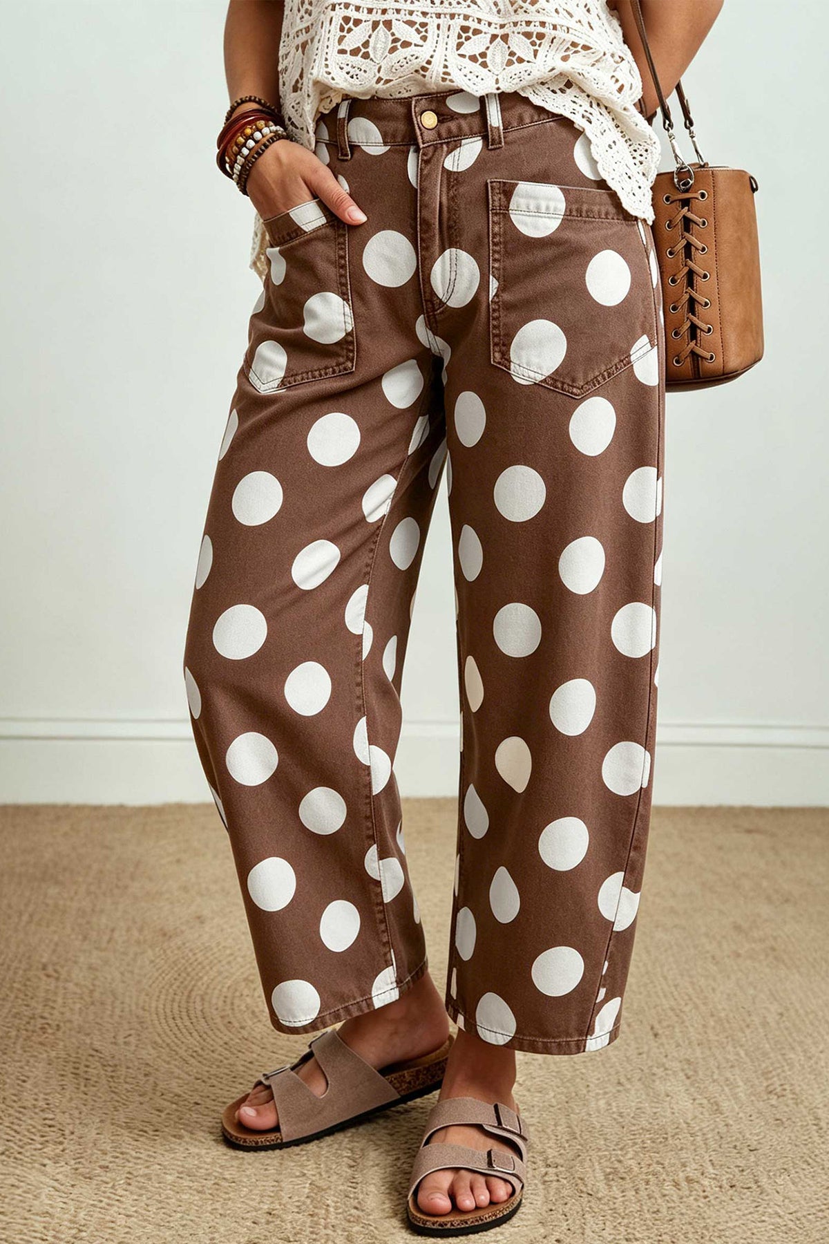 Brown Polka Dot Ankle-Length Barrel Jeans