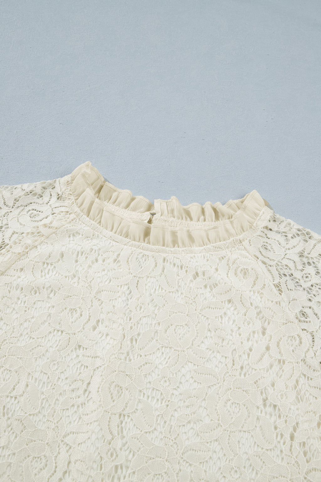White Sheer Lace Long Sleeve Ruffle Trim Loose Blouse