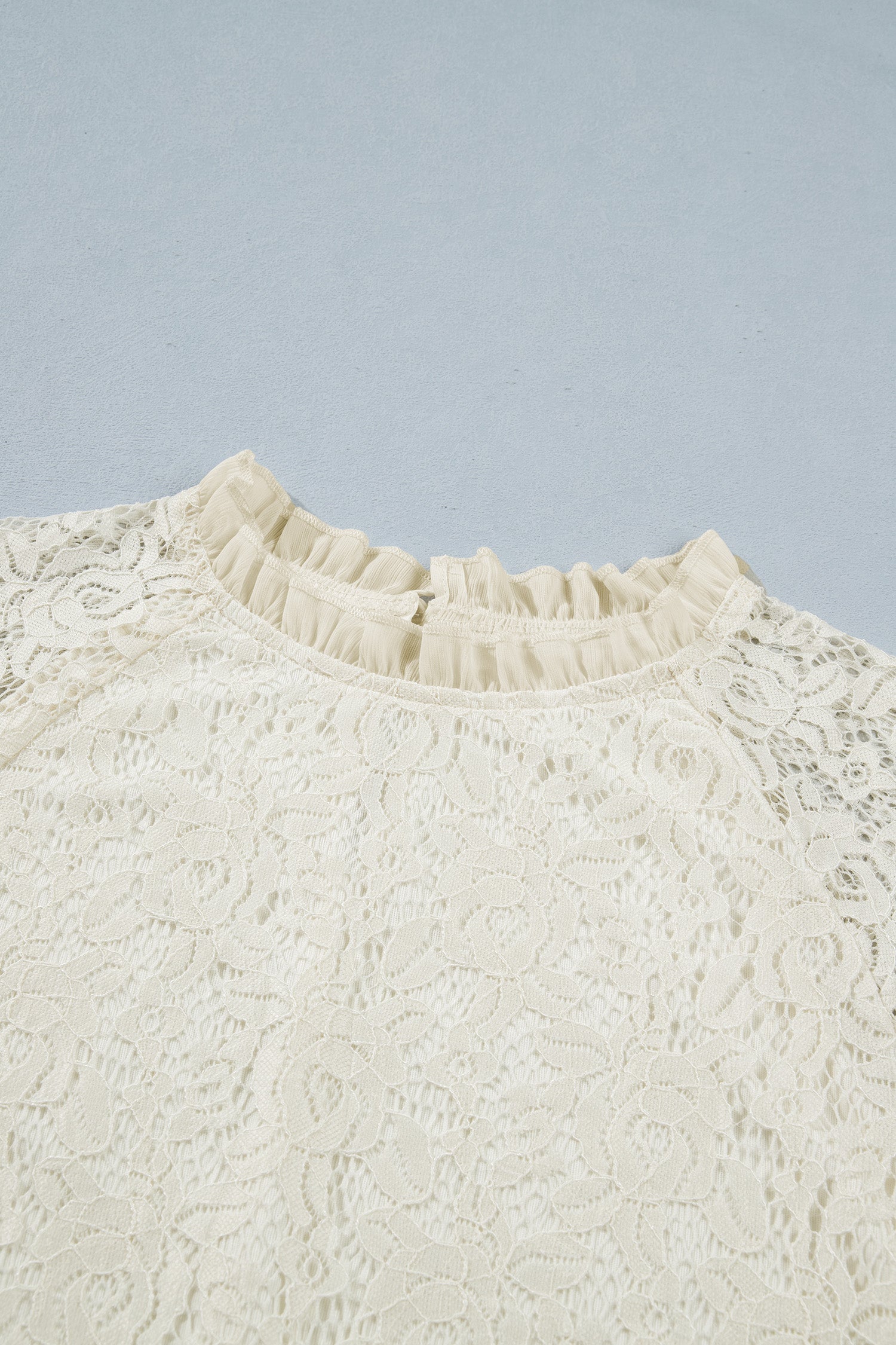 White Sheer Lace Long Sleeve Ruffle Trim Loose Blouse