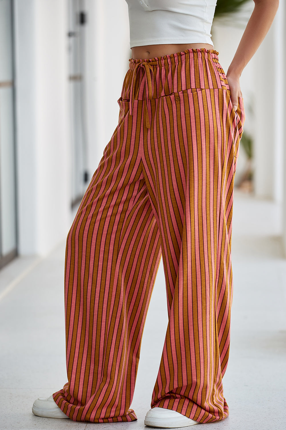 Red Stripe Button Pocket Tie Waist Casual Wide Leg Pants