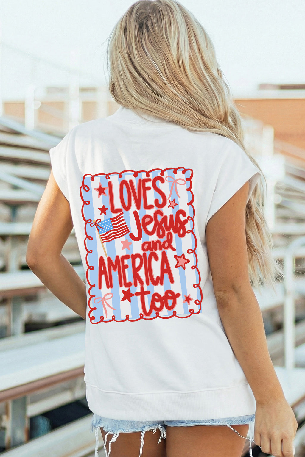 White Patriotic Flag Double Printed Mock Neck Tee