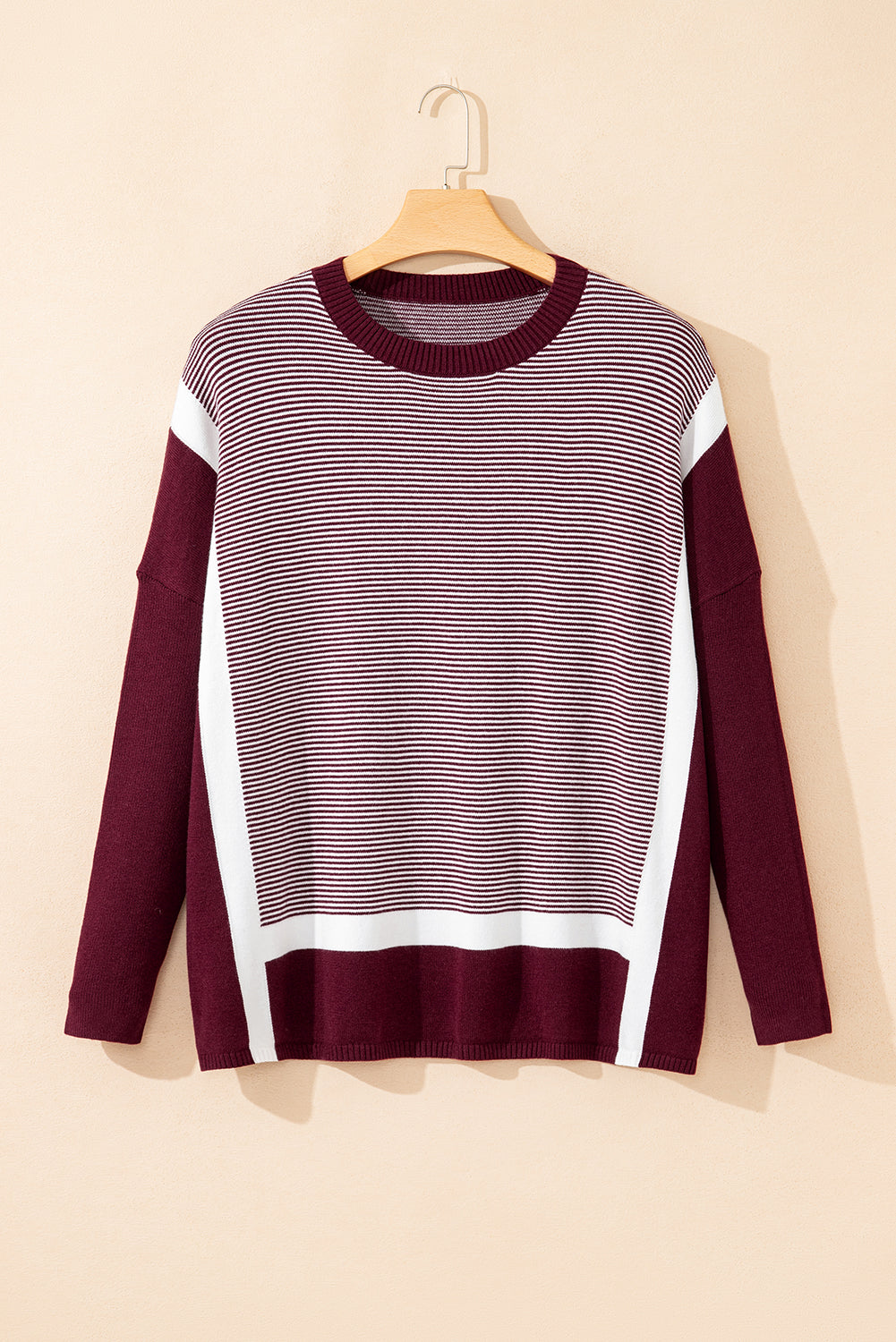 Red Stripe Color Block Patchwork Dolman Oversize Tunic Sweater