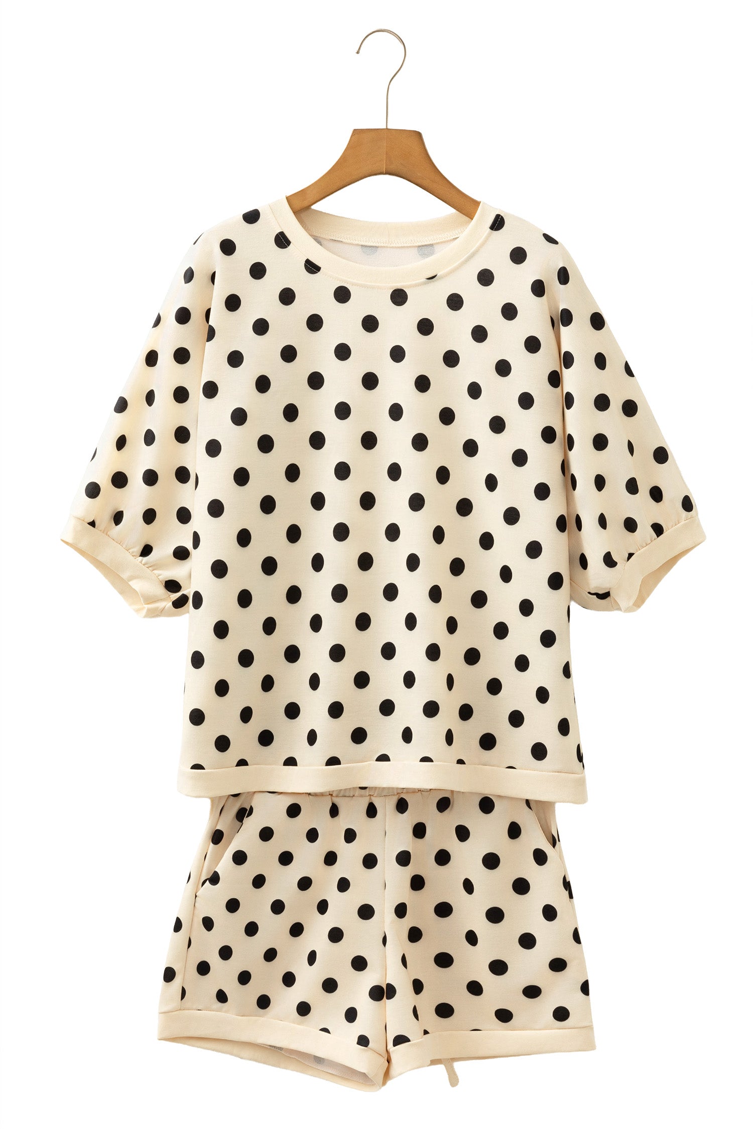 Beige Polka Dot Oversized Top Drawstring Short Set
