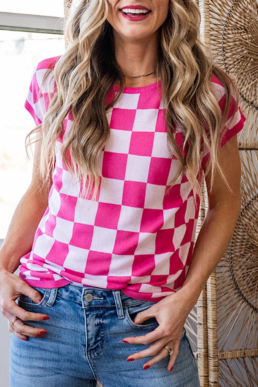 Rose Check Pattern Cap Sleeve Knitted Sweater