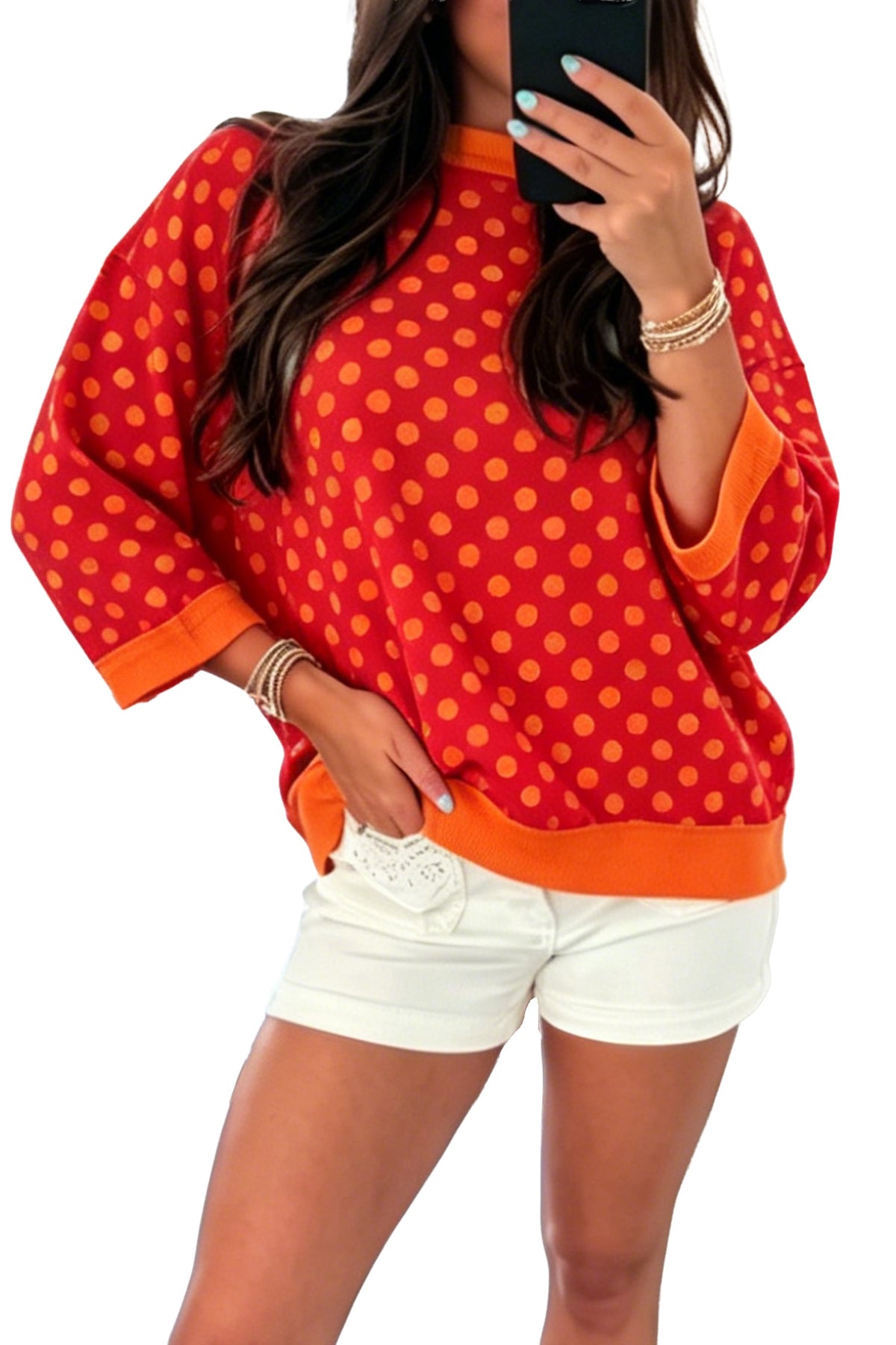 Blue Polka Dot Print Contrast Trim Round Neck Bracelet Sleeve Top