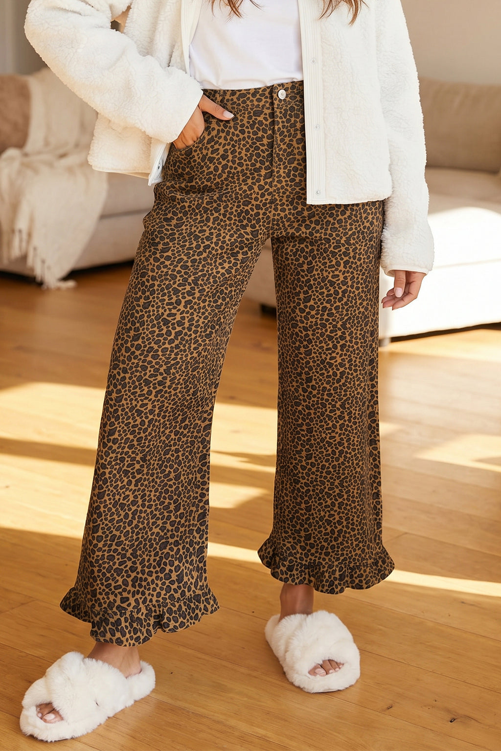 Brown Leopard Print Ruffled Hem Shift Jeans