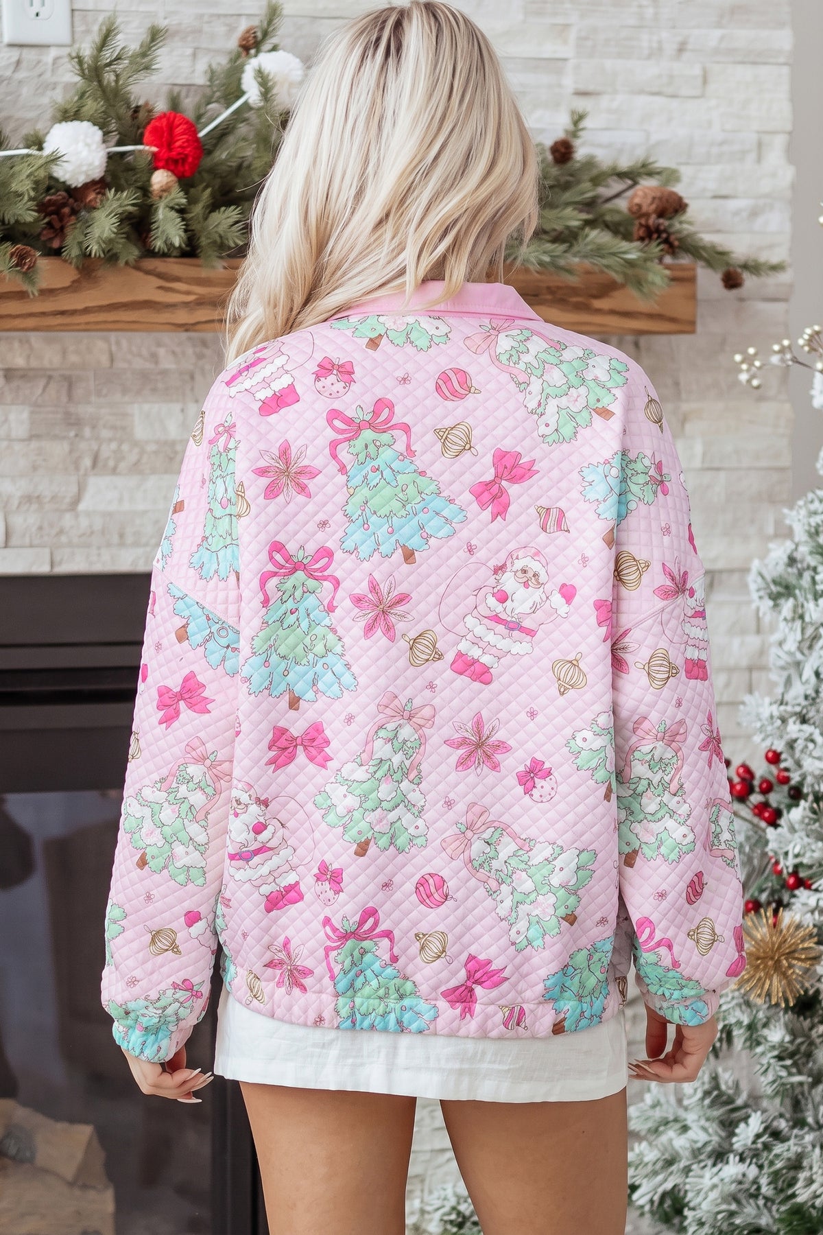 Pink Cute Christmas Print Collar Half Button Loose Sweatshirt