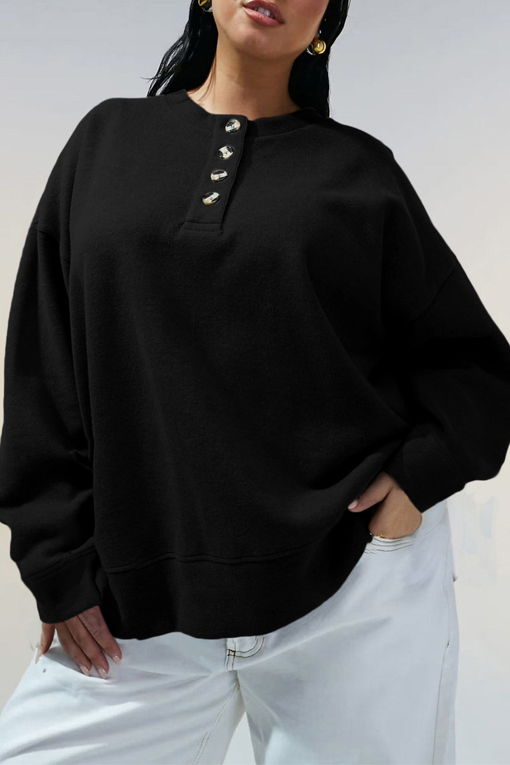 Black Solid Button Placket Crew Neck Plus Size Sweatshirt