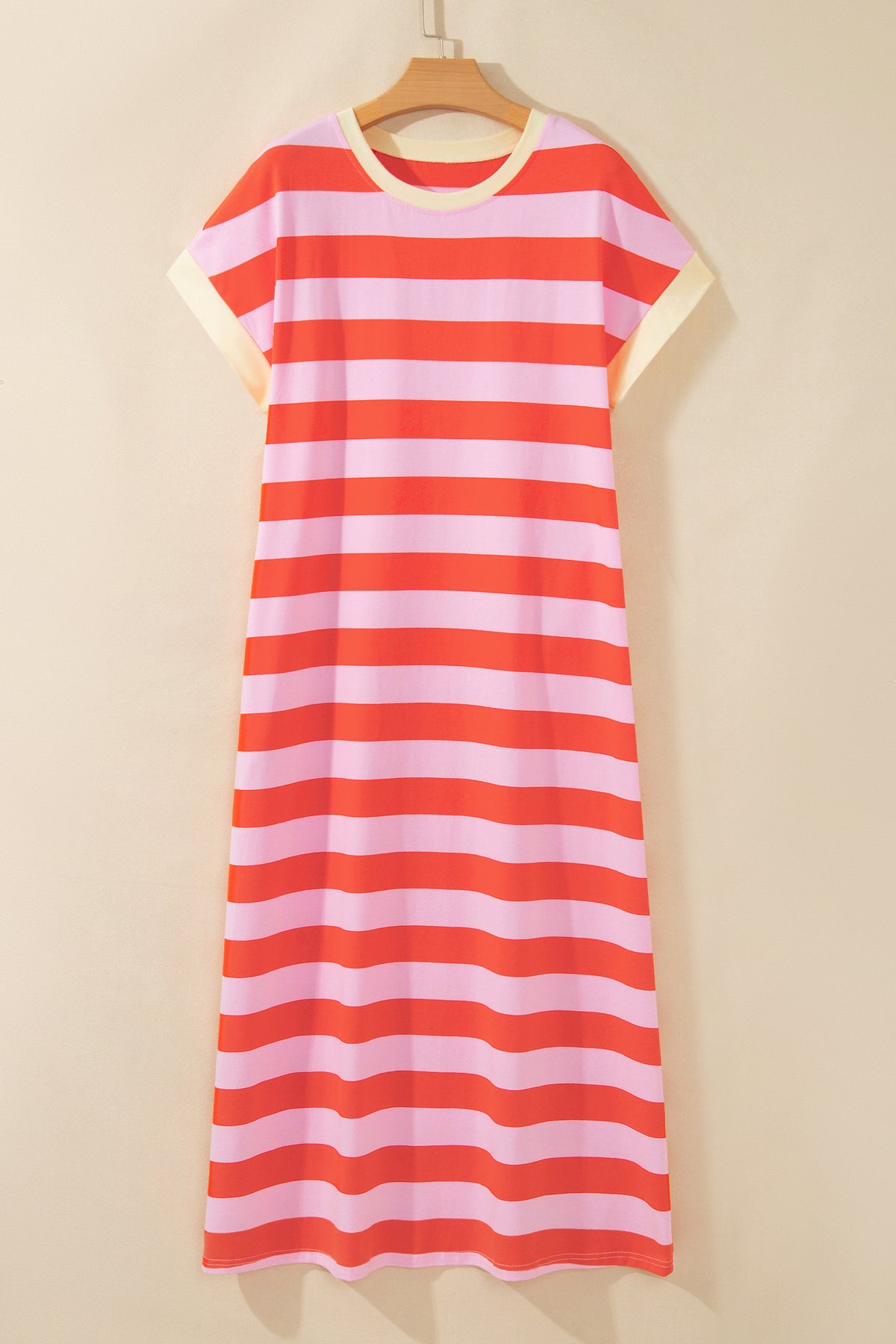 Rose Stripe Cuffed Short Sleeve Pocketed Casual T Shirt Long Dress