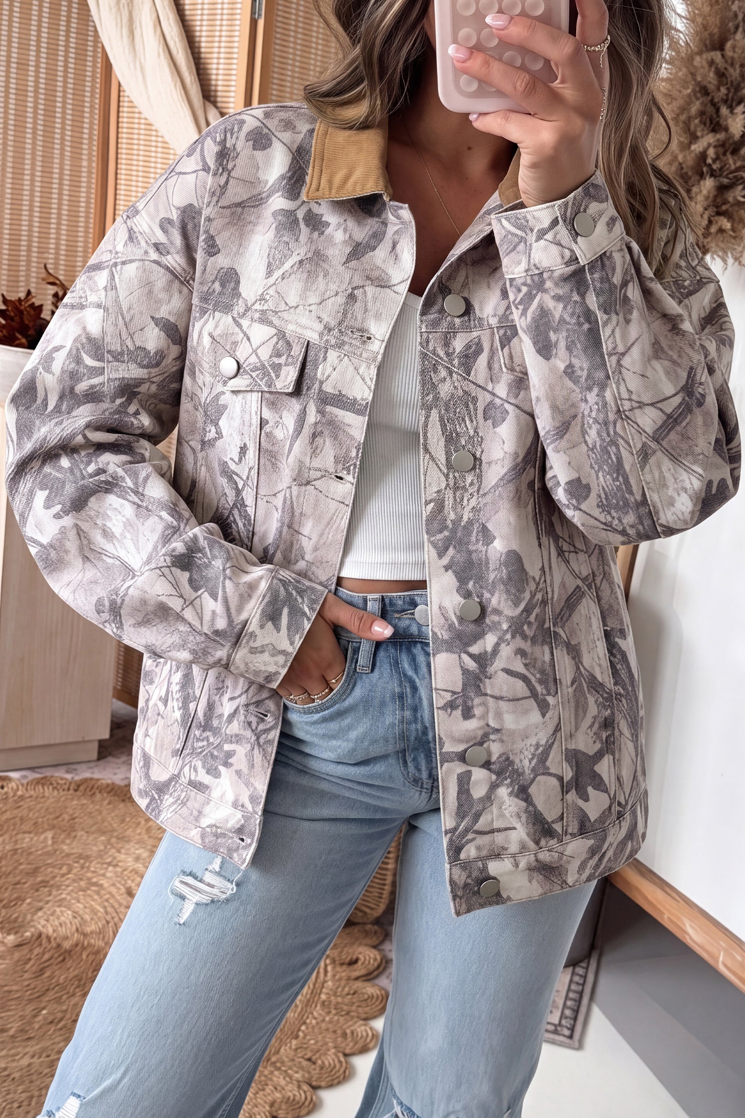 Gray Abstract Camo Print Colorblock Collar Oversized Shift Silhouette Denim Jacket