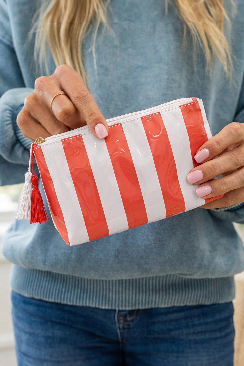 Carrot Striped Vinyl Waterproof Tassel Zipper Makeup Bag