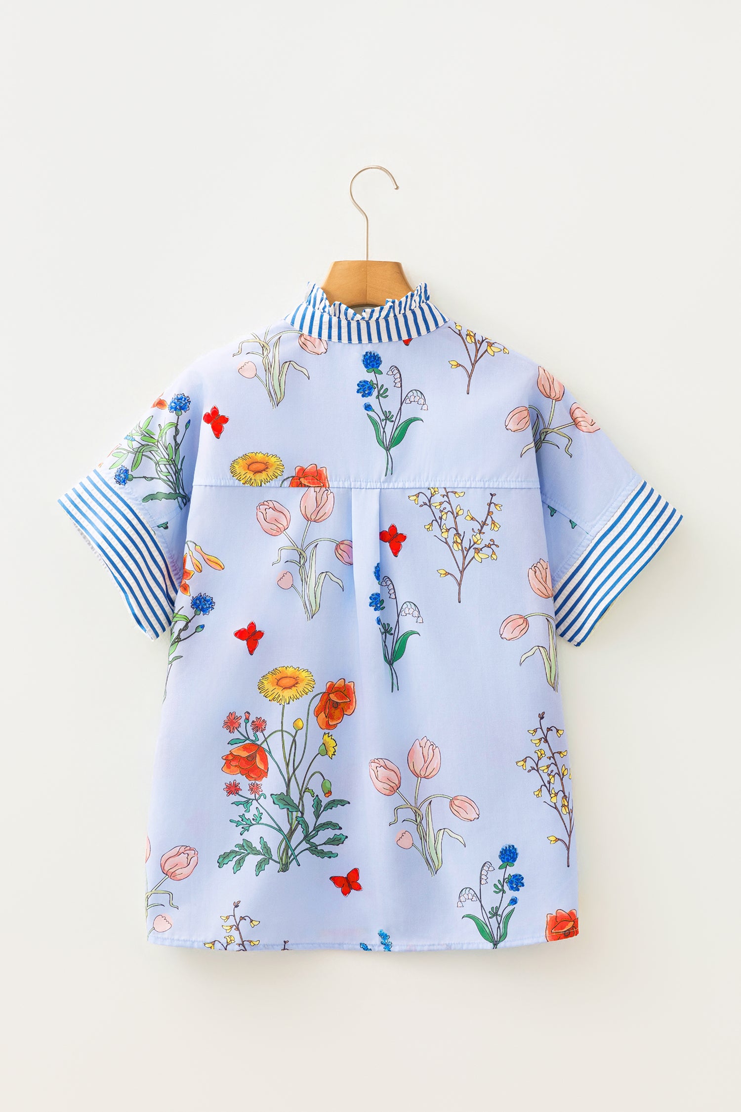 Sky Blue Floral Striped Patchwork Ruffled Collar Short Sleeve Shirt