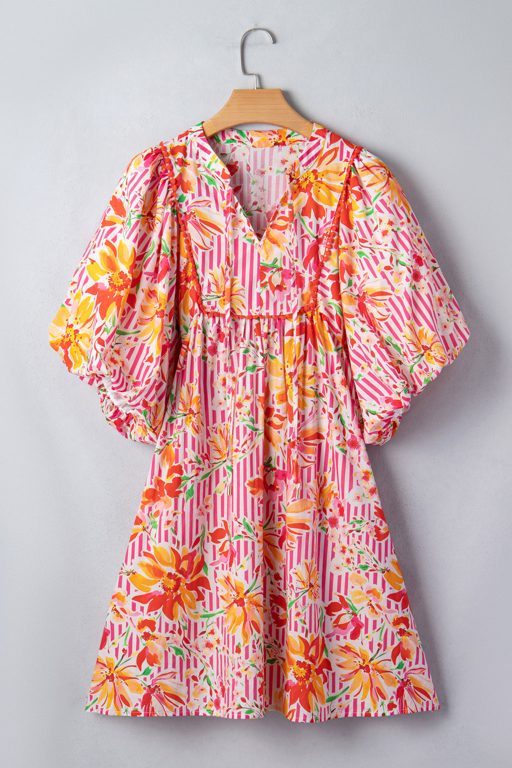 Pink Striped Floral Print Tie Neck Puff Sleeve Loose Mini Dress