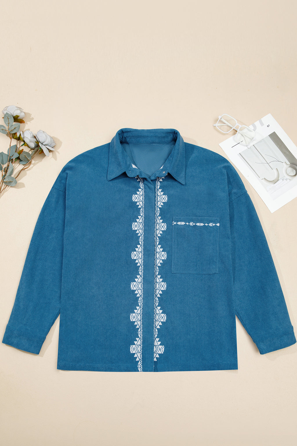 Blue Embroidered Corduroy V-Neck Long Sleeve Plus Size Shirt