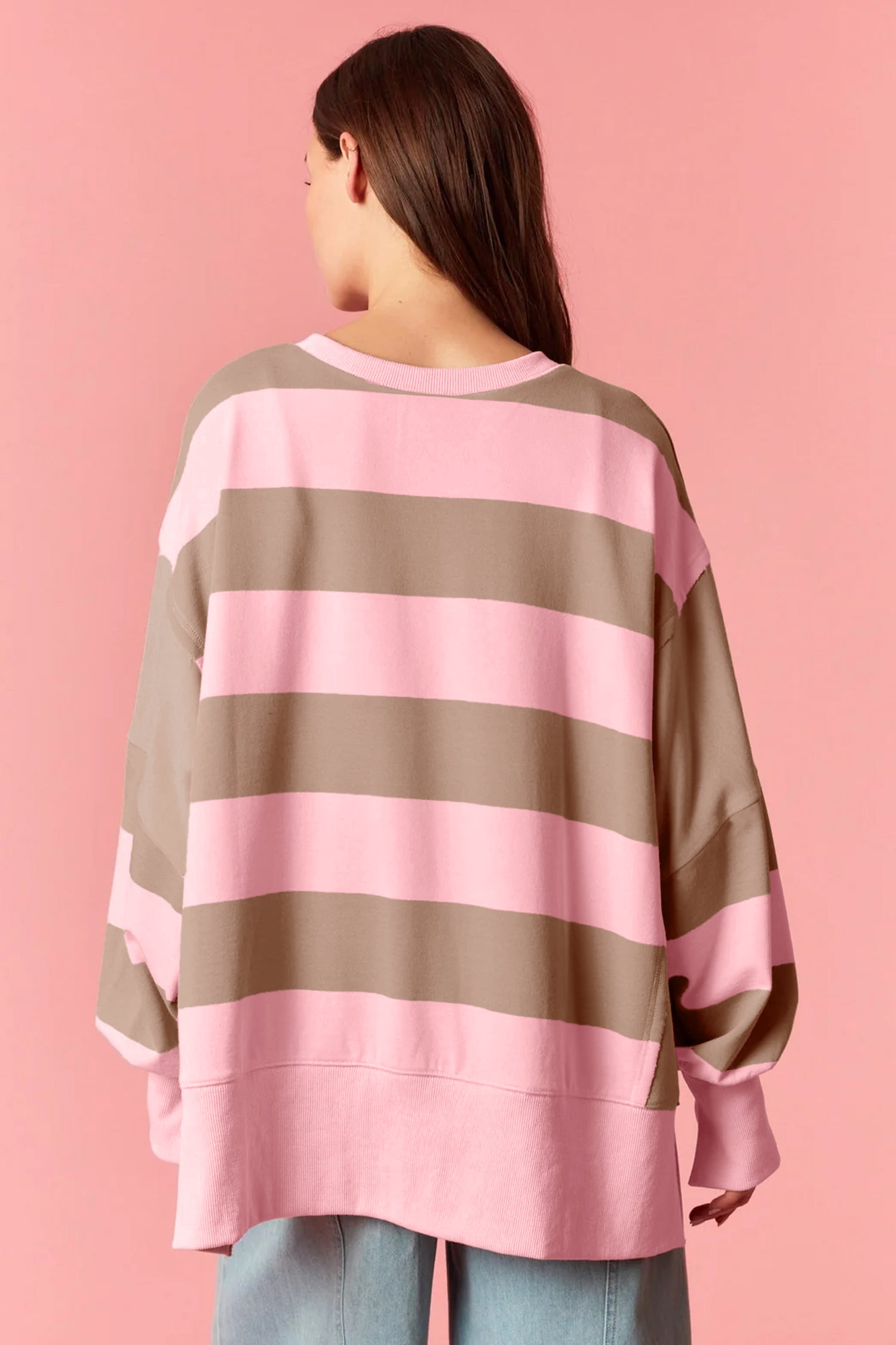 Pink Stripe Striped Colorblock Patch Pocket Split Hem Oversized Long Sleeve Sweatshirt