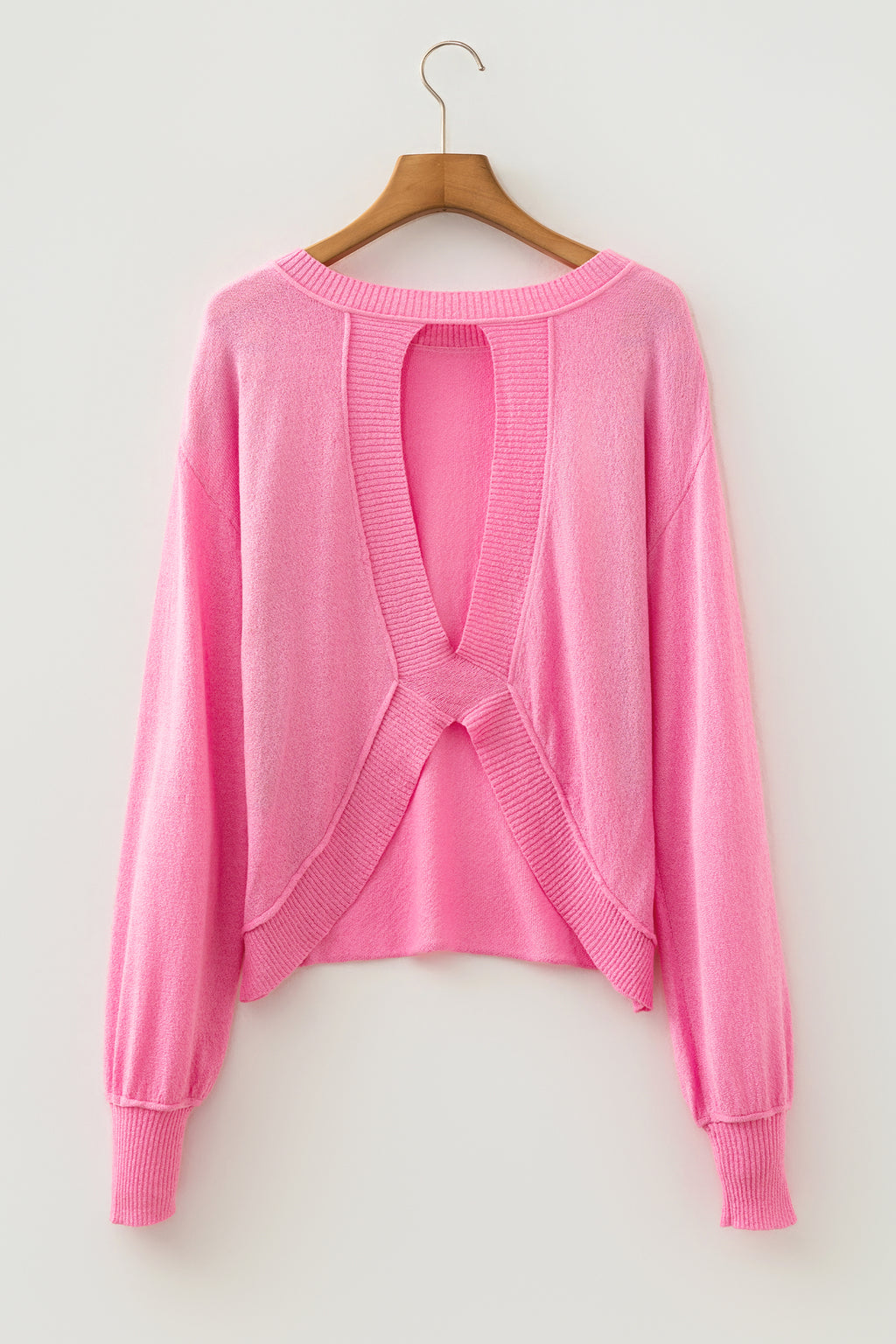 Pink Drop Shoulder Round Neck Long Sleeve Backless Pullover Sweater