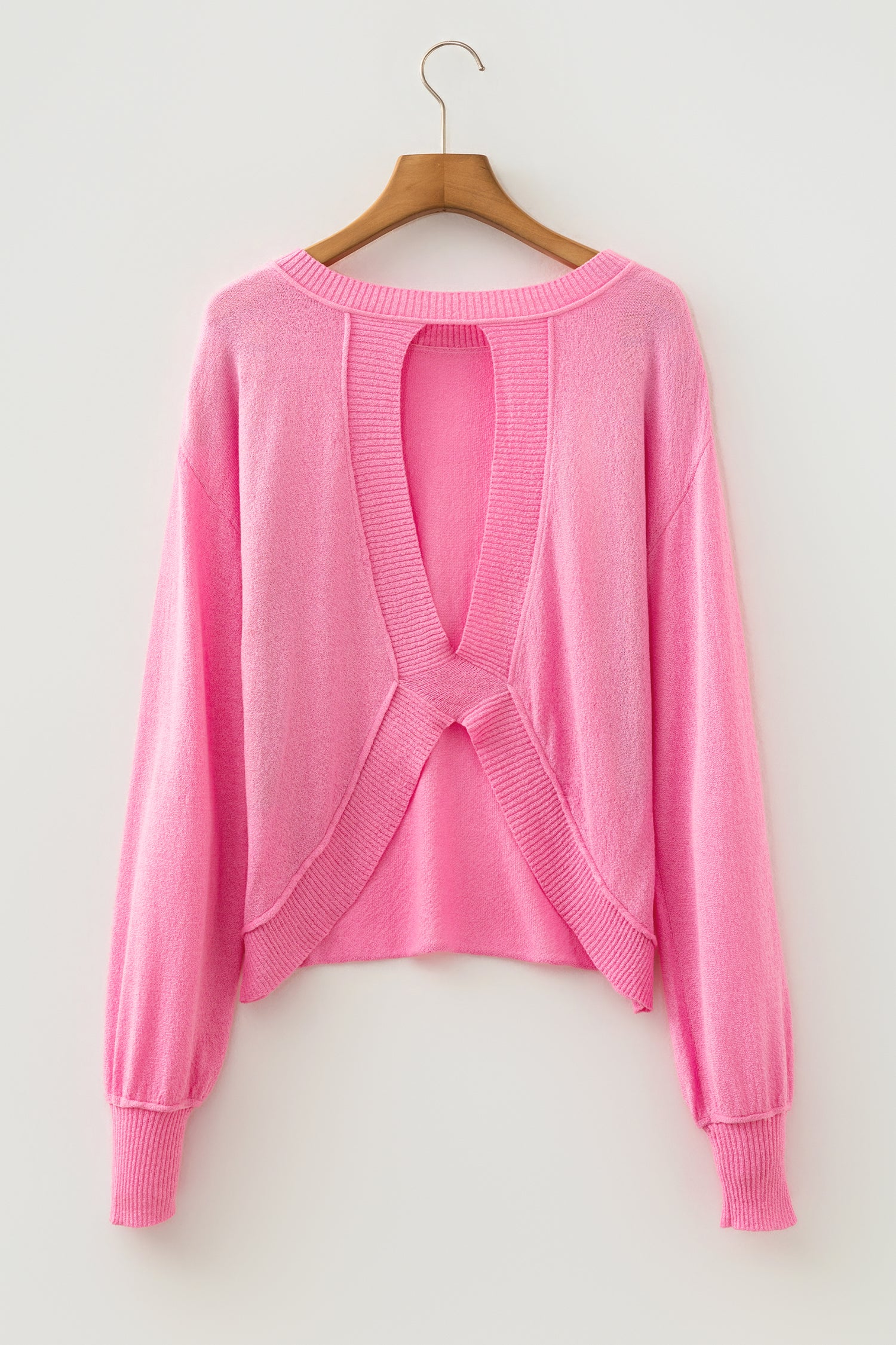Pink Drop Shoulder Round Neck Long Sleeve Backless Pullover Sweater