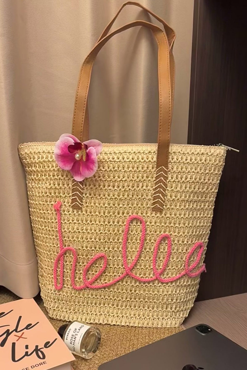 Khaki Hello Boho Handwoven Floral Accent Travel Tote Bag