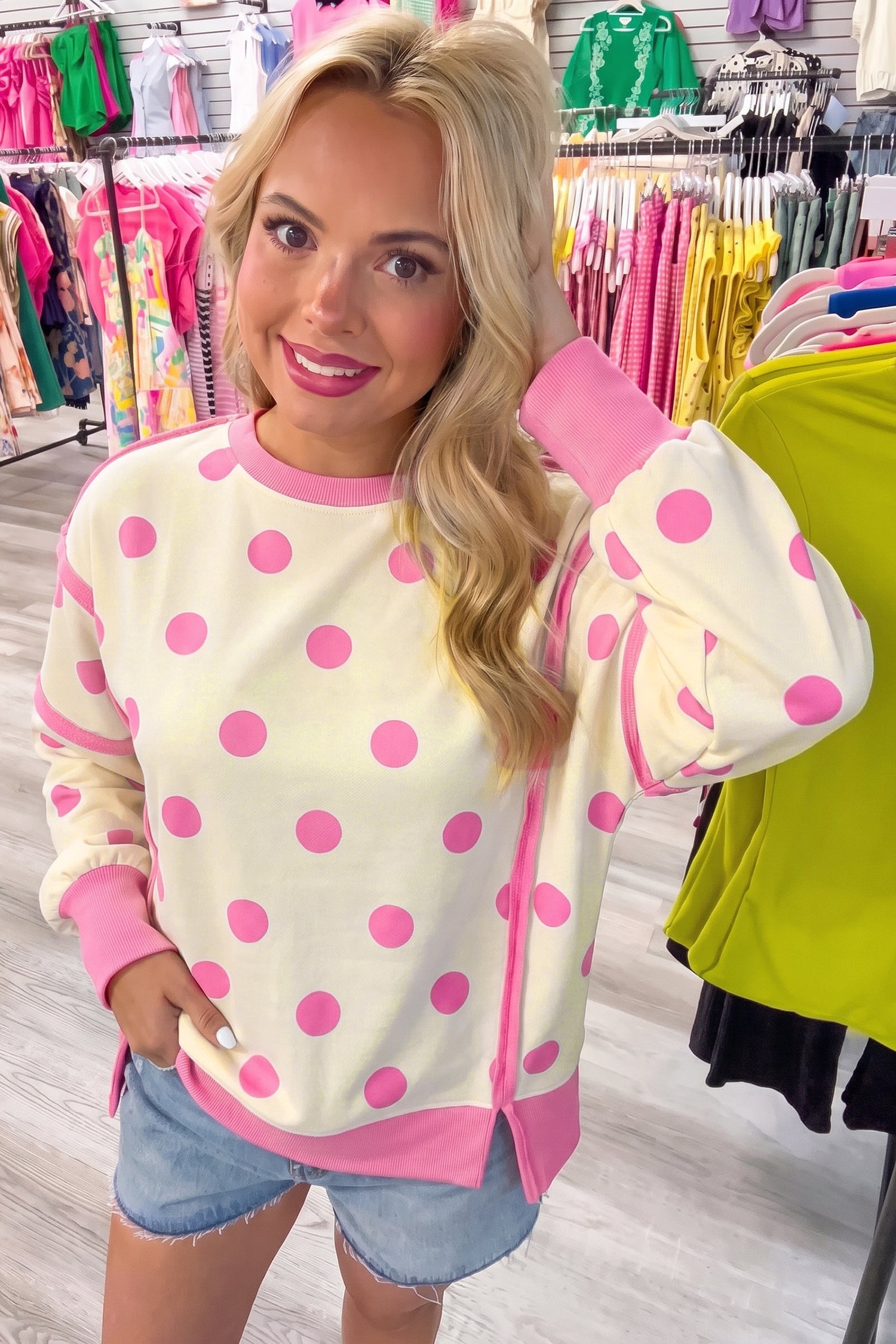 White Polka Dot Contrast Patchwork Round Neck Baggy Sweatshirt