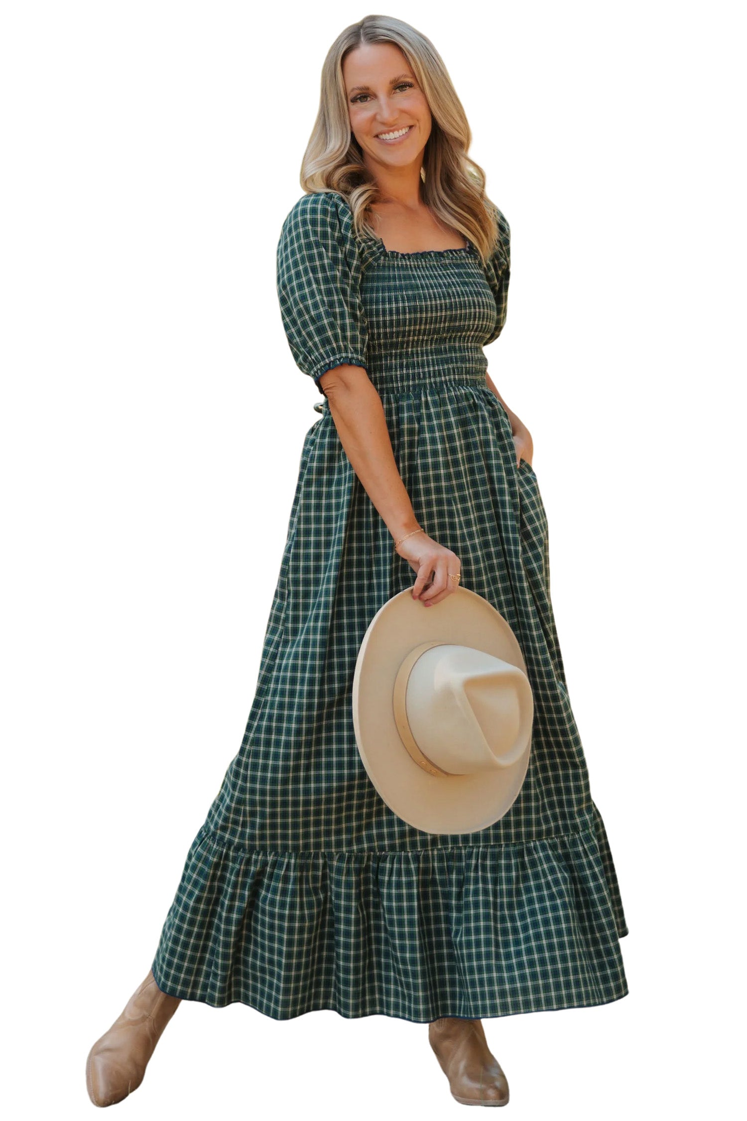 Green Plaid Square Neck Shirred High Waist Ruffle Hem Dress
