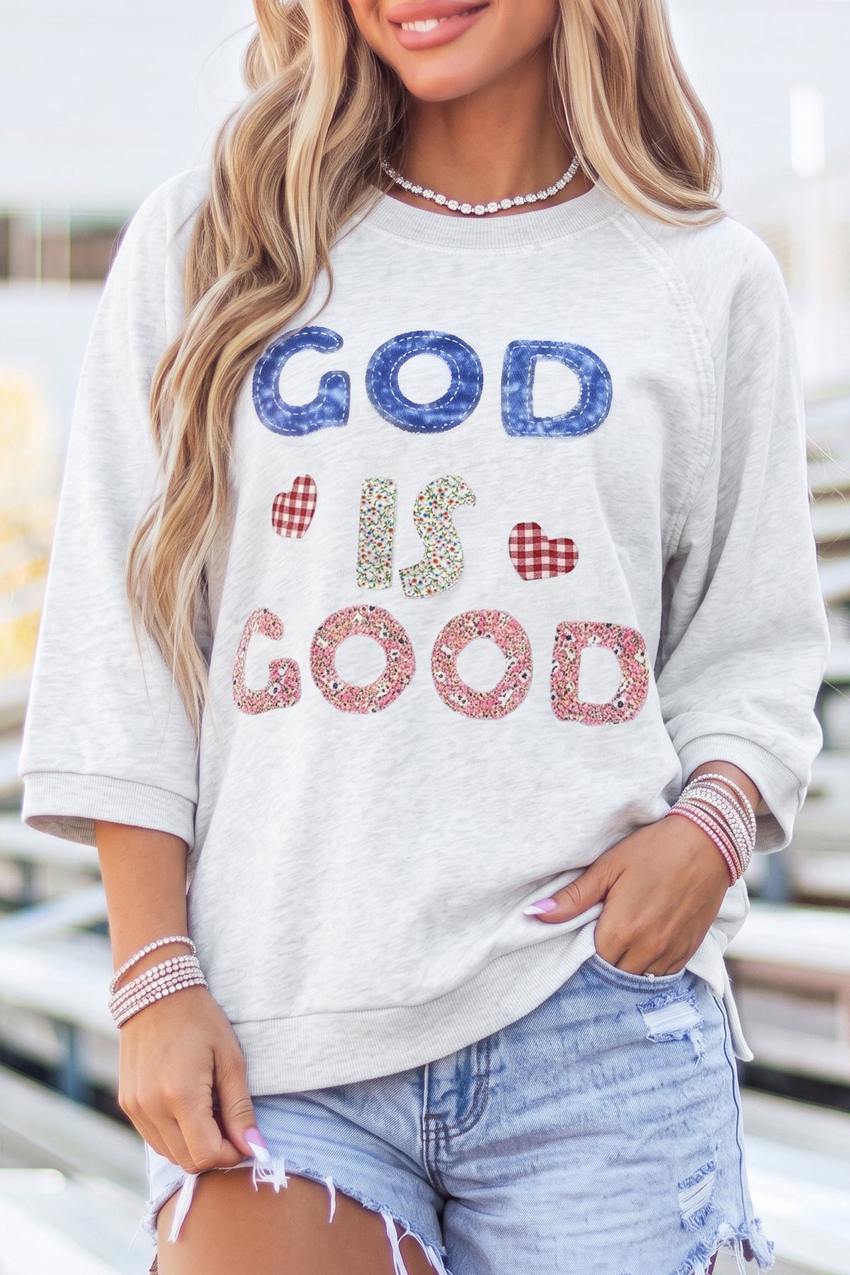 Light Grey GOD IS GOOD Patchwork Applique Relaxed 3/4 Sleeve Tunic Top