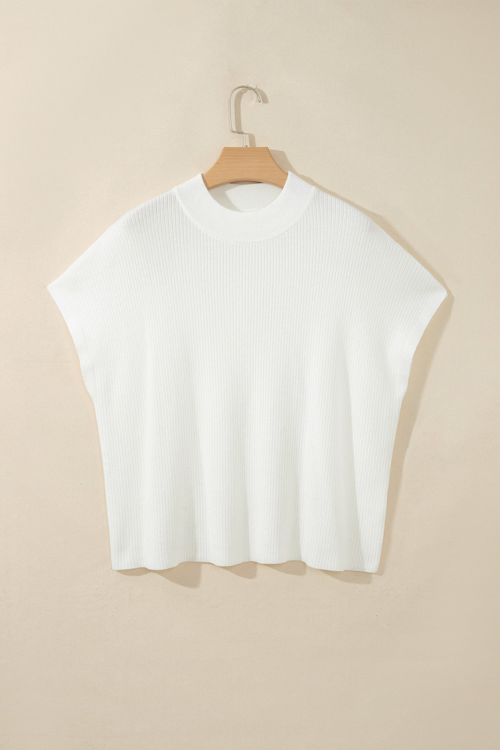 White Solid Color Ribbed Knit Mock Neck Loose Short Sleeve Sweater