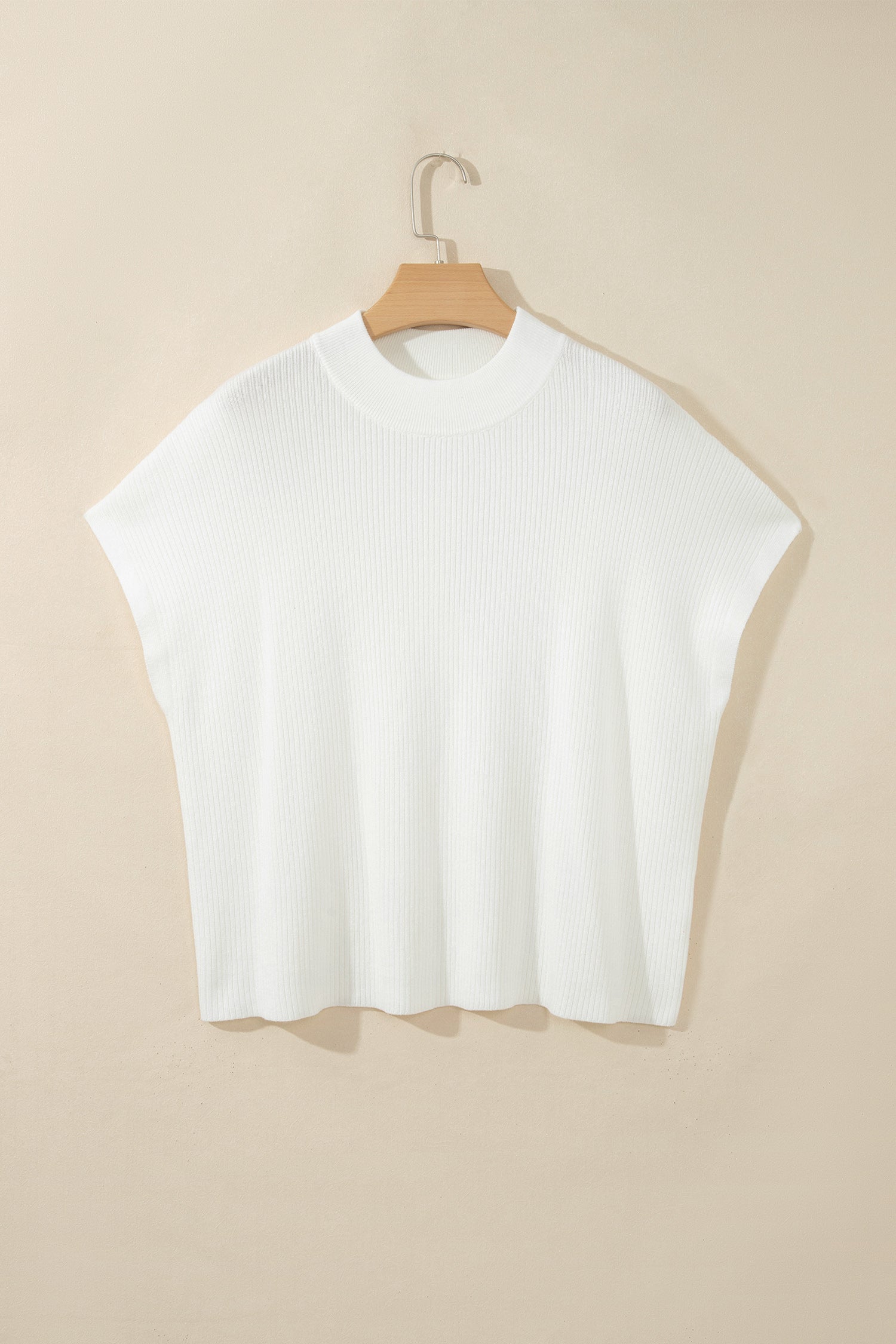 White Solid Color Ribbed Knit Mock Neck Loose Short Sleeve Sweater