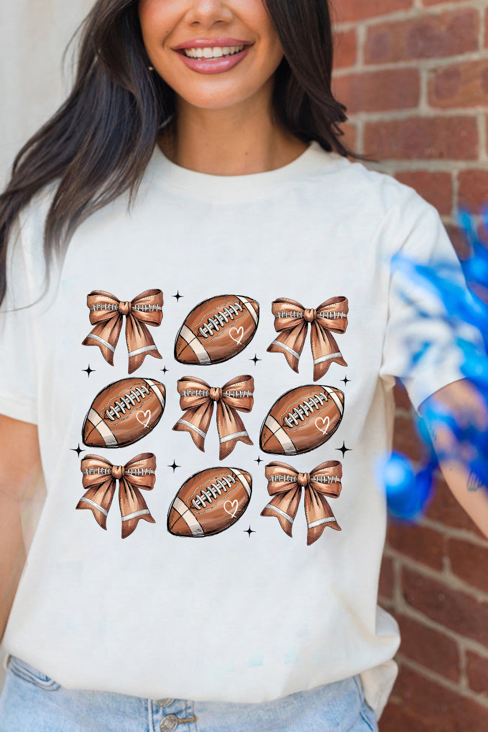 White Football Fashion Bow Print Cotton Blend T Shirt