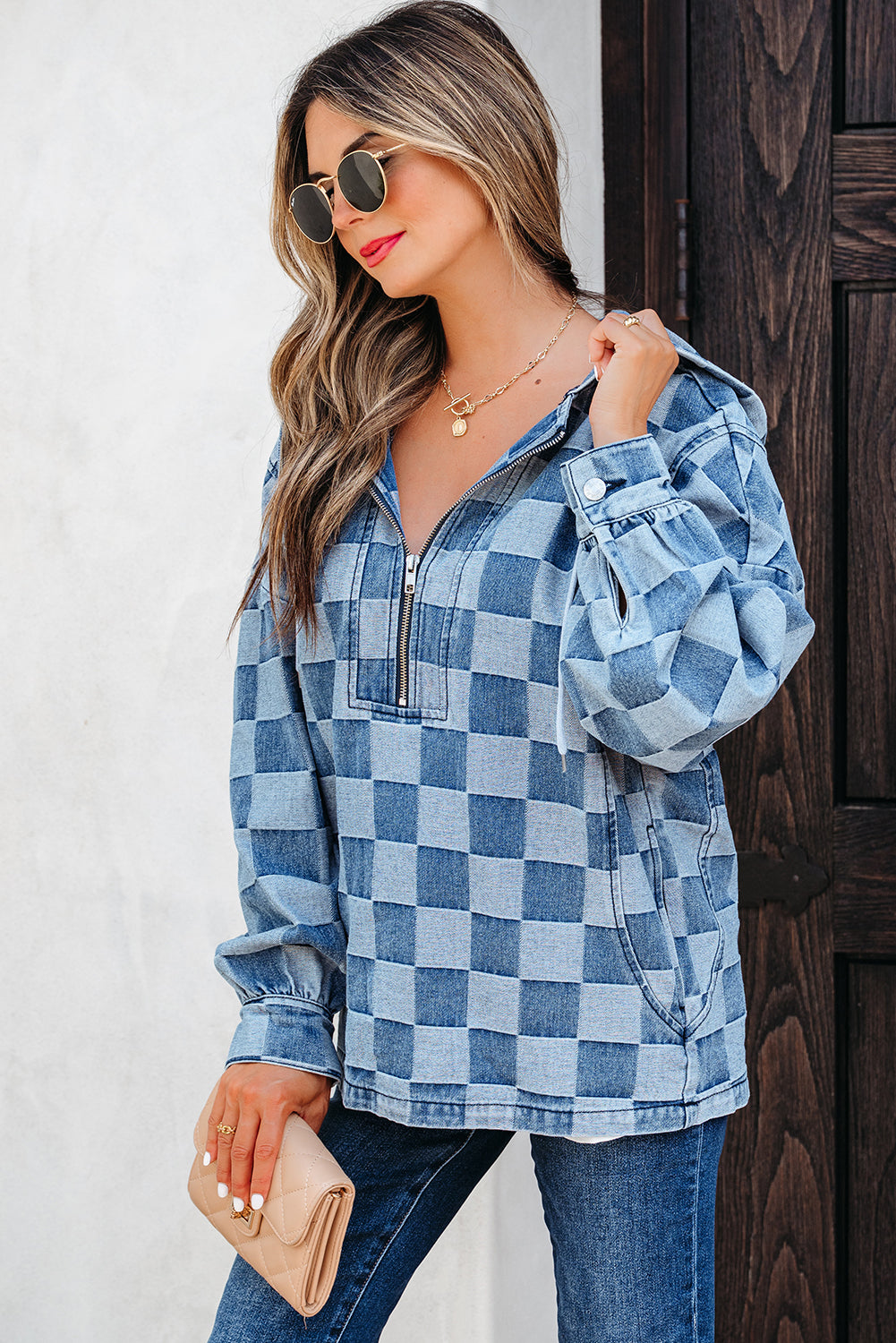 Sky Blue Checkerboard Zipped Neck Kangaroo Pocket Denim Hoodie