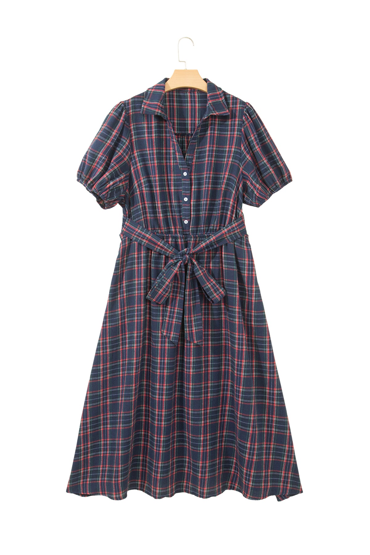 Black Plaid V Neck Belted Waist Short Sleeve Plus Size Dress