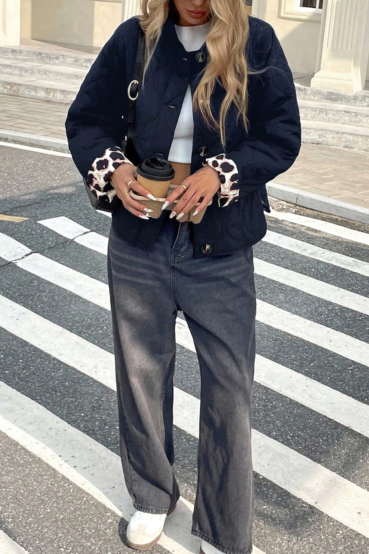 Black Retro Quilted Leopard Cuff Button Down Puffer Jacket