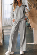 Light Grey Solid Zip Sailor Collar Pullover Athleisure Sweatpants 2pcs Set