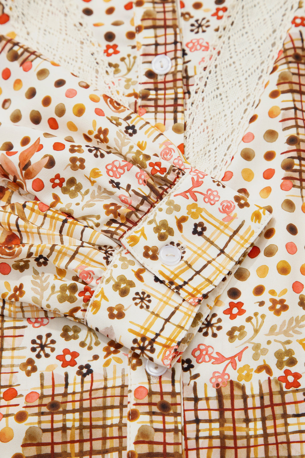 Brown Floral Lace Trim Button Down Long Sleeve Shirt