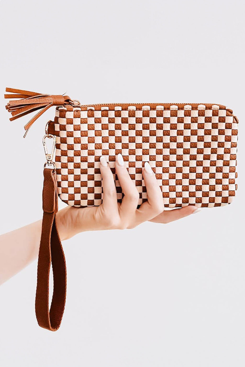 Chestnut Checkered  Woven Clutch Wristlet PU Leather Large Size Patterned Wallet