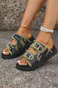 Guacamole Green Denim Camouflage Frayed Trim Hollow Out Retro Slippers