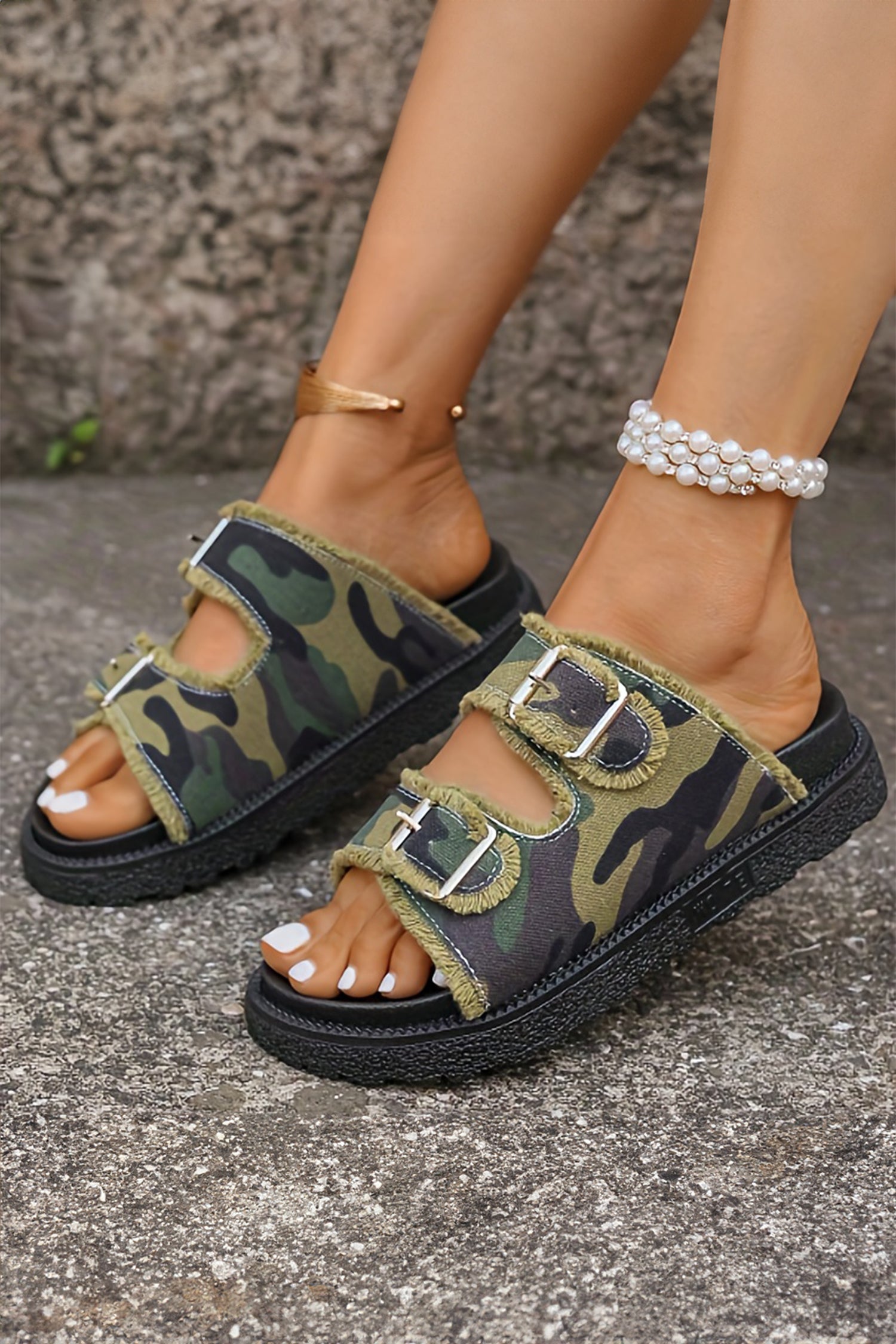 Guacamole Green Denim Camouflage Frayed Trim Hollow Out Retro Slippers
