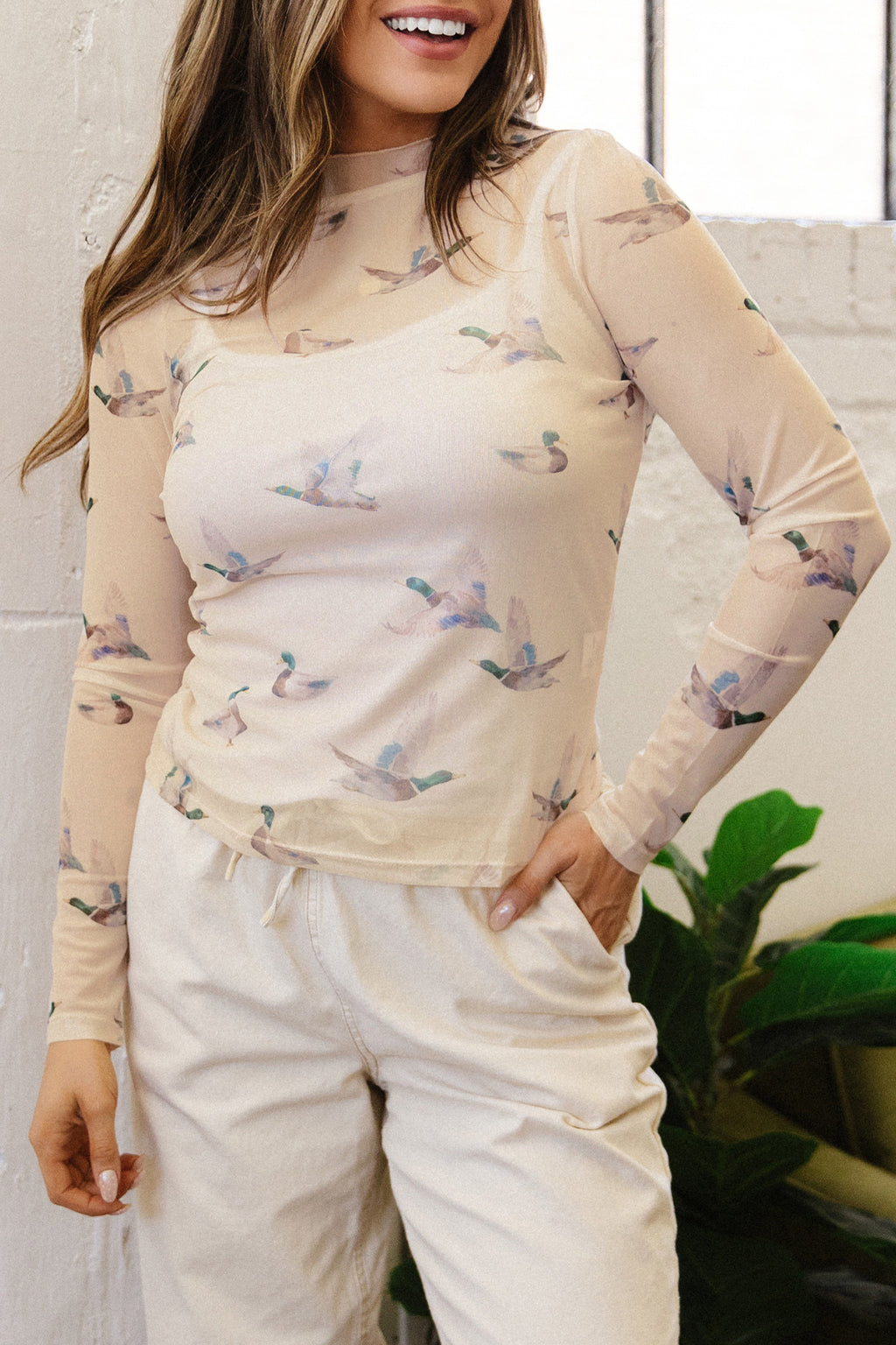 Beige Western Print Mesh High Neck Long Sleeve Sheath Top
