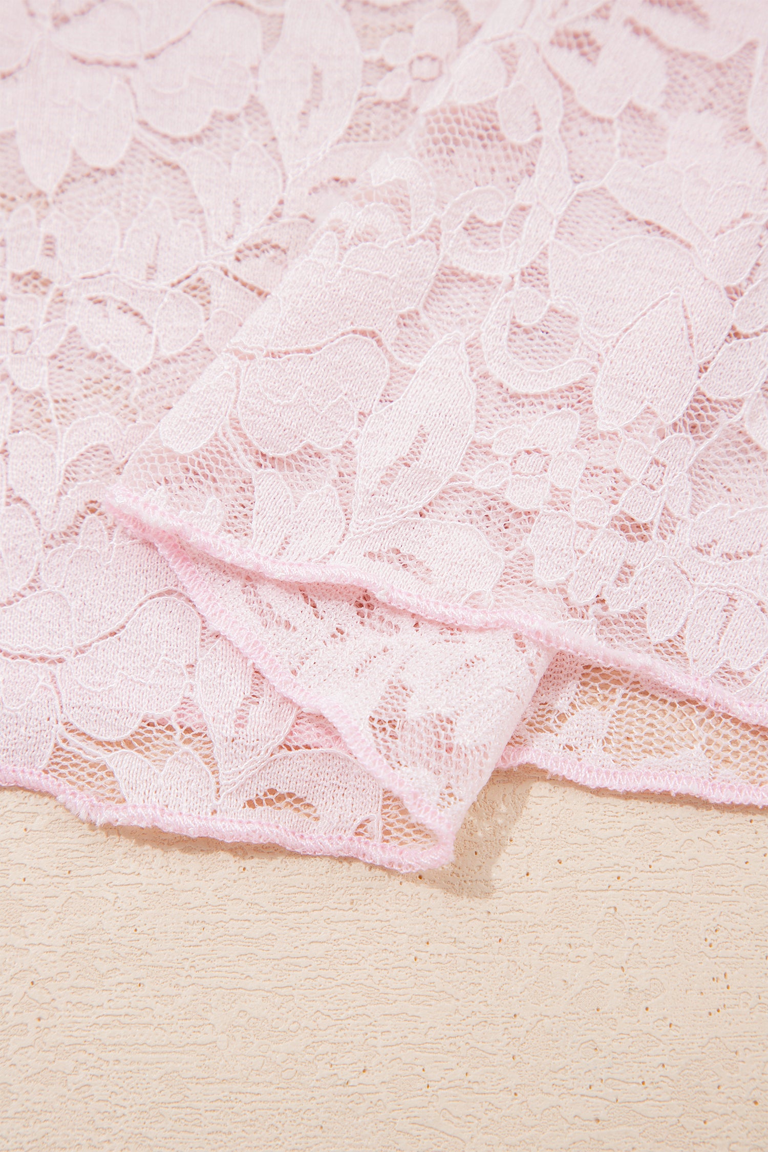 Light Pink Floral Lace Long Sleeve Stand Neck Pullover Top