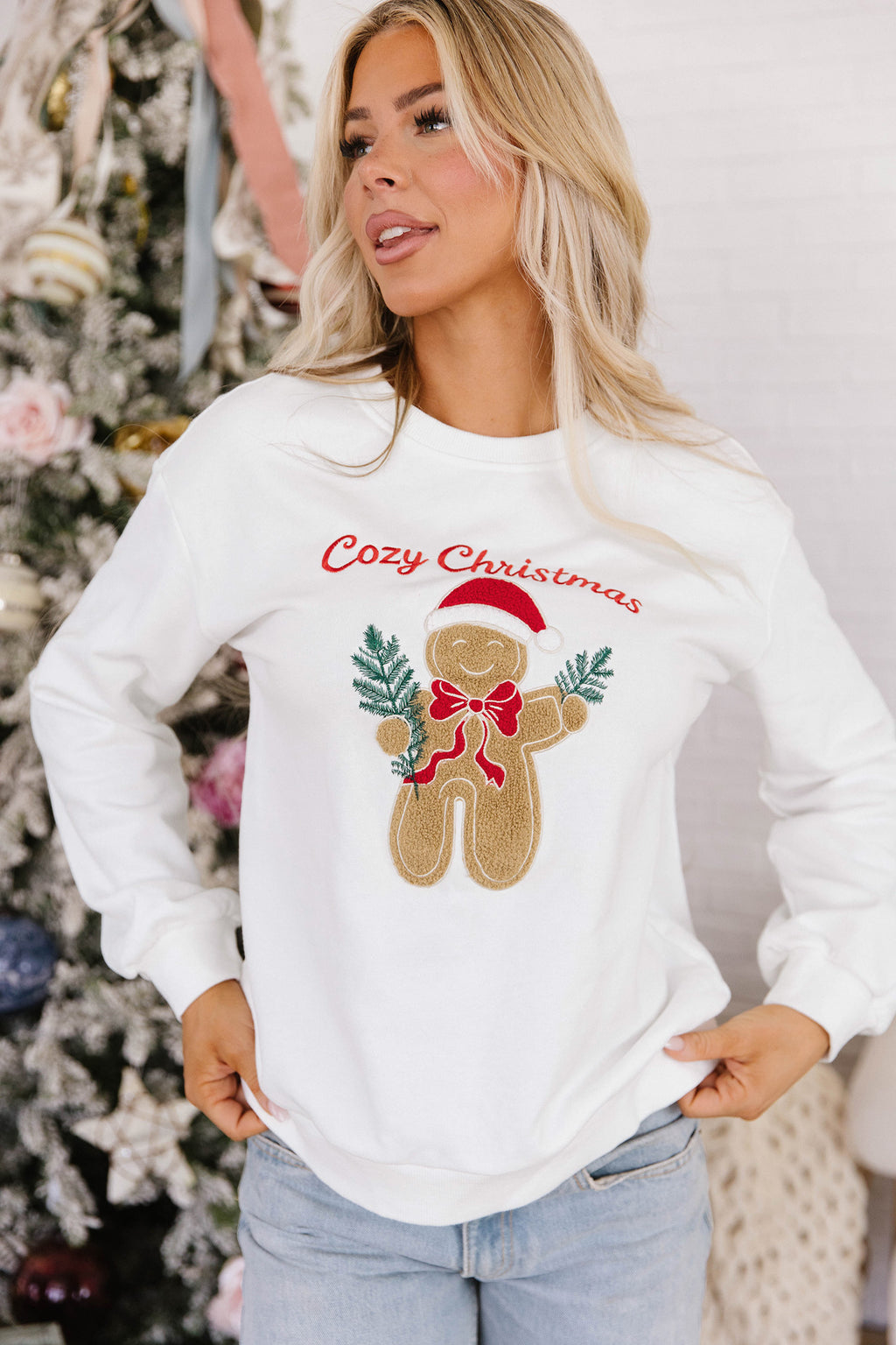 White Embroidered Gingerbread Cozy Christmas Long Sleeve Round Neck Pullover Sweatshirt