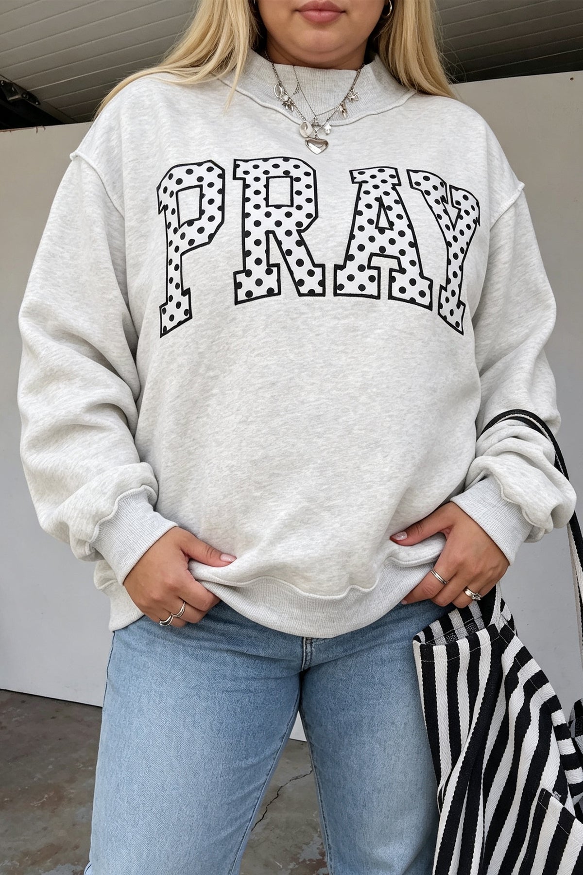Gray PRAY Polka Dot Letter Print Mock Neck Plus Size Sweatshirt
