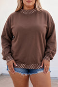 Brown Polka Dot Patchwork Round Neck Plus Size Sweatshirt